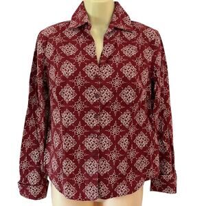 Dockers Dark Red & White Print Fitted Blouse Woman Size Medium Button Up